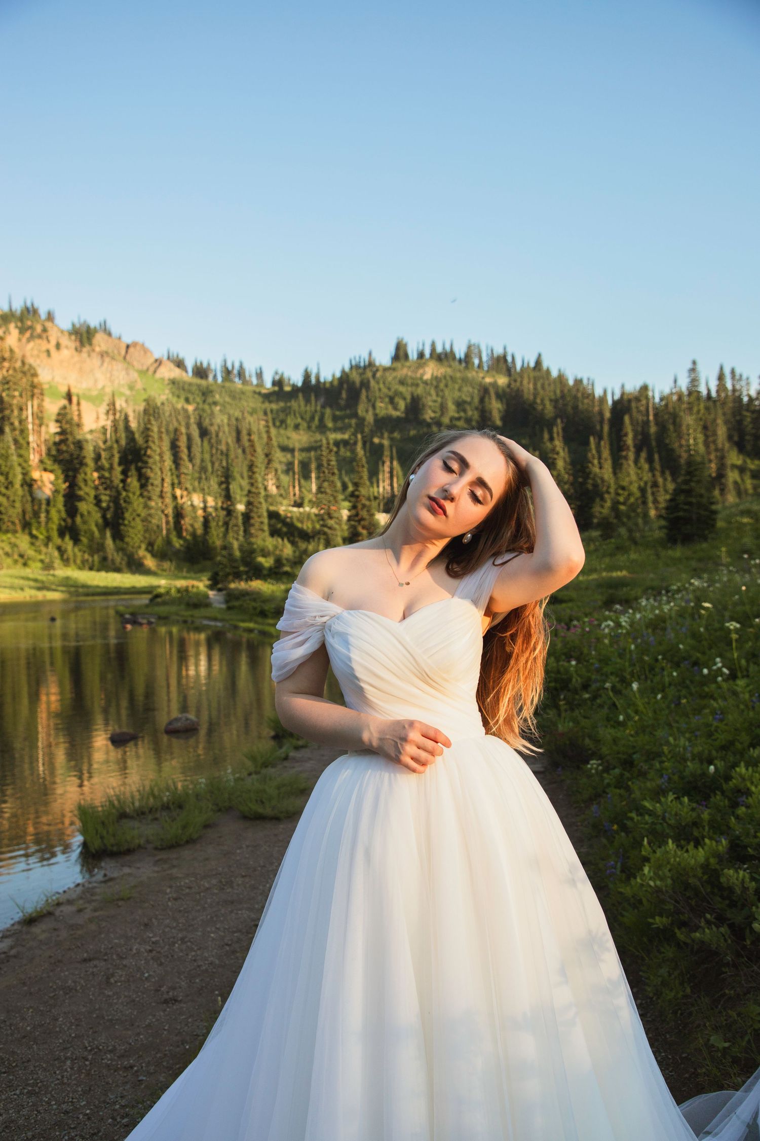 Bride portrait at Tipsoo Lake during a golden hour elopement session, Seattle photographer focusing on the bride