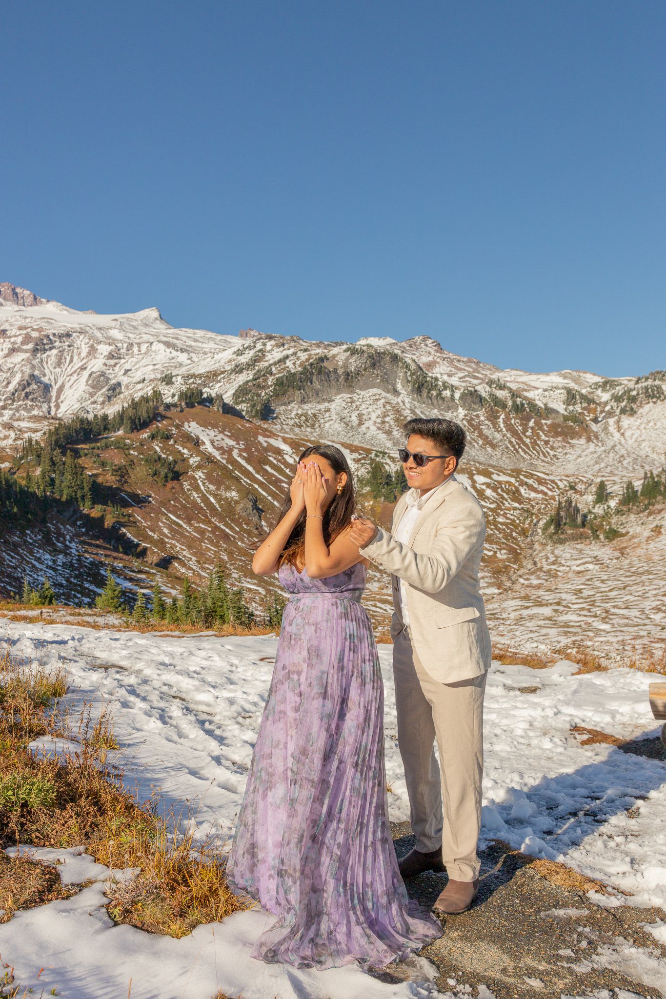 Seattle engagement photographer capturing candid moments during an engagement photoshoot at Mount Rainier