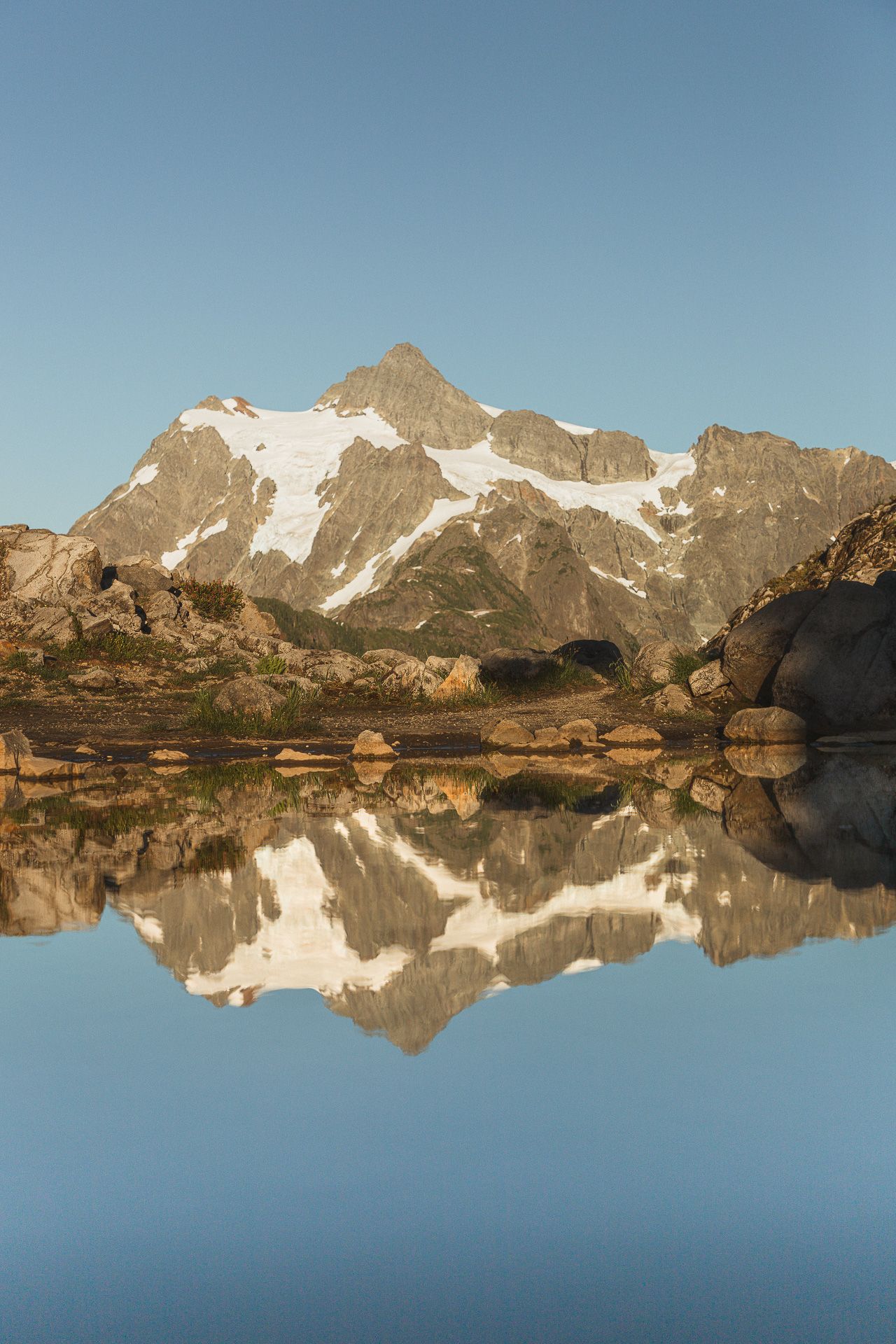 Mount Shuksan reflected in calm alpine lake, Mount Baker scenic elopement backdrop