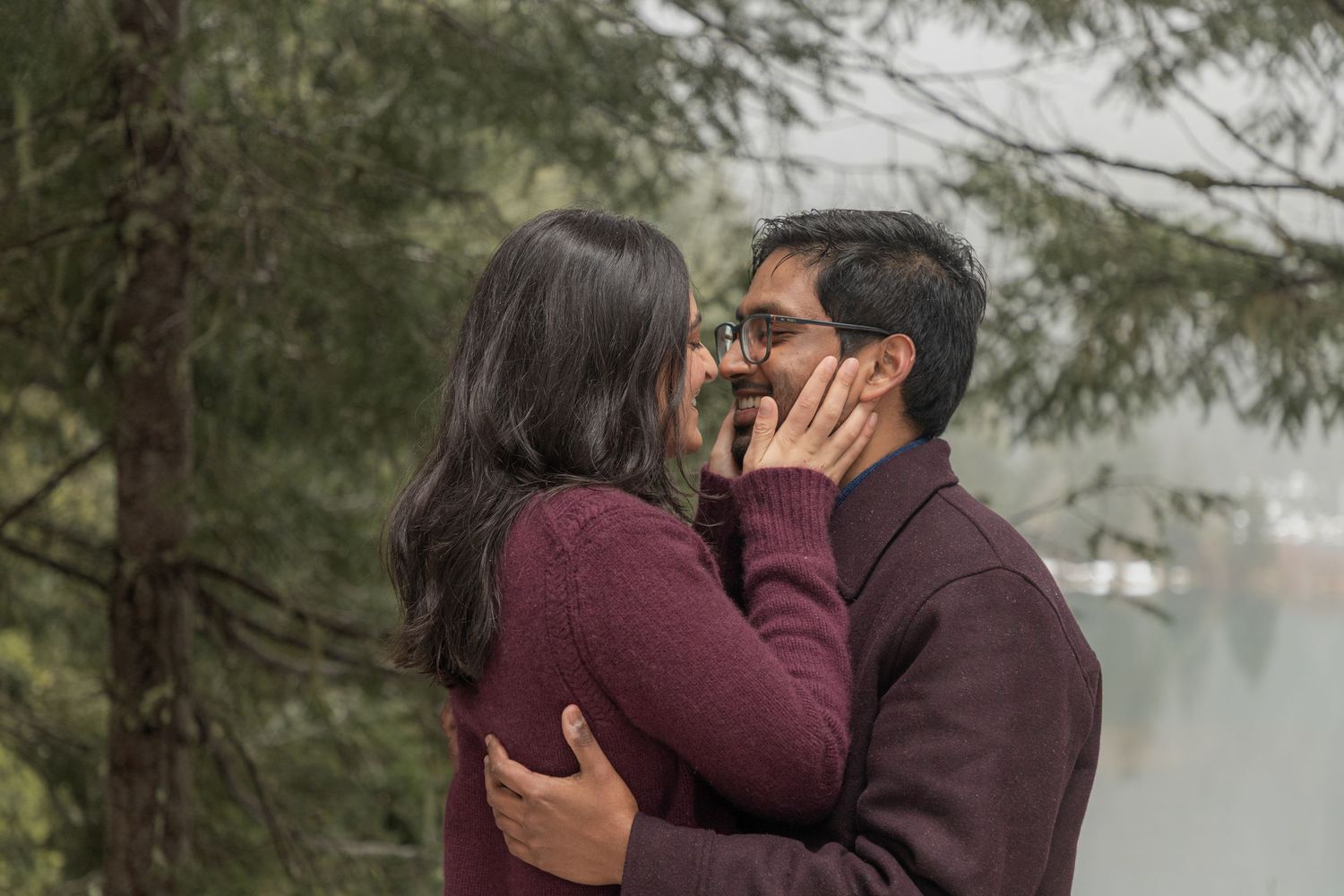 Couple photoshoot in forest, Washington, candid and intimate moment