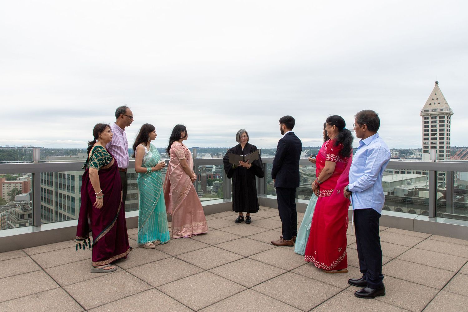 Intimate rooftop wedding ceremony at Seattle Municipal Court with family and close friends