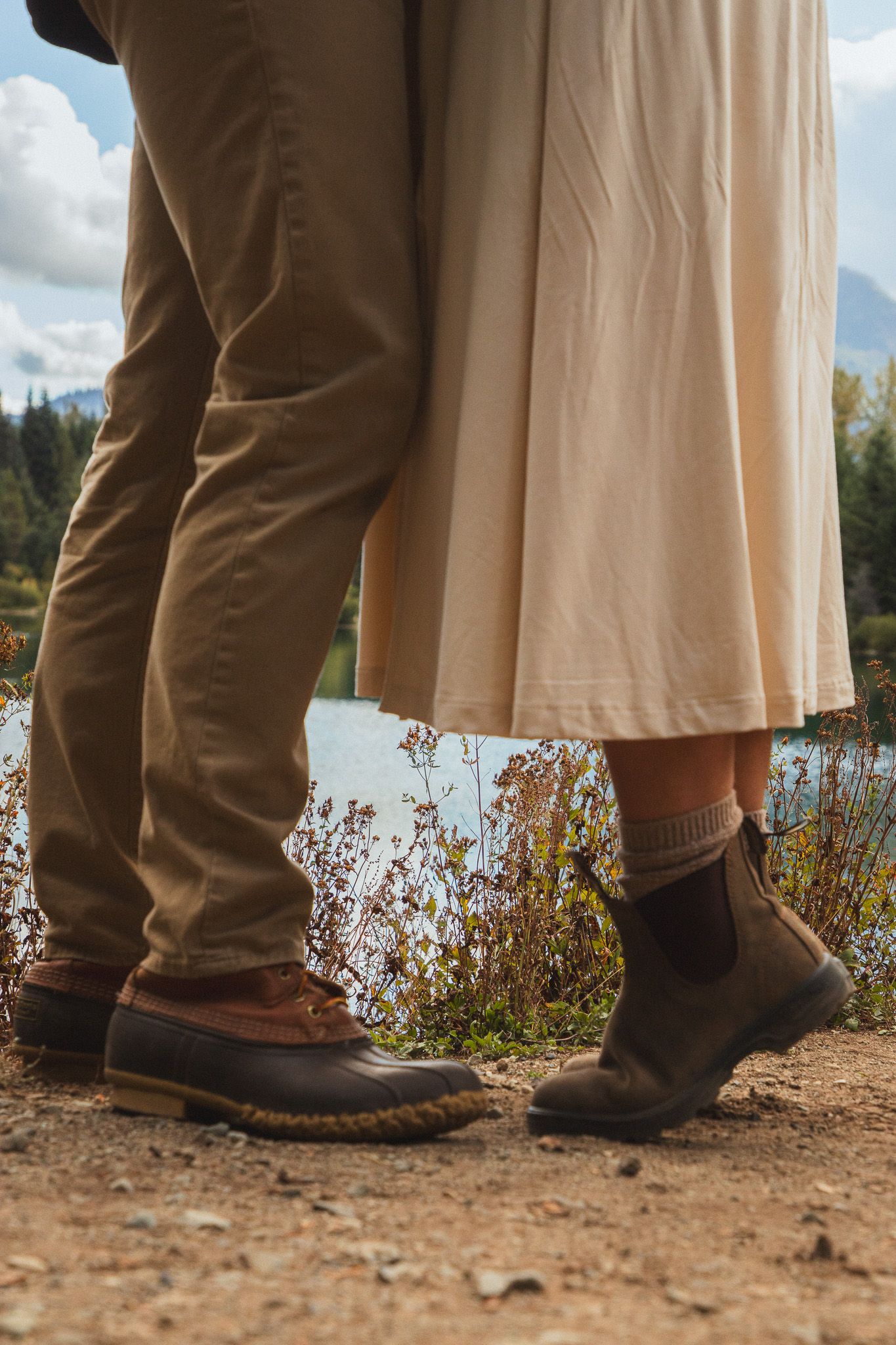 Seattle couples photographer capturing a close‑up of a couple’s feet during a Gold Creek Pond photoshoot