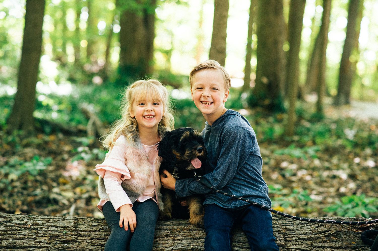 Children playing and laughing together in a wooded setting with fallen leaves.