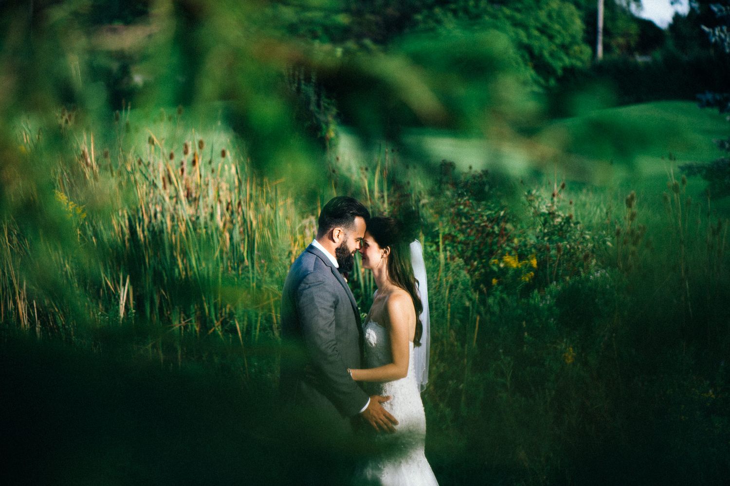 Romantic couple portraits in tall grass with soft natural lighting.