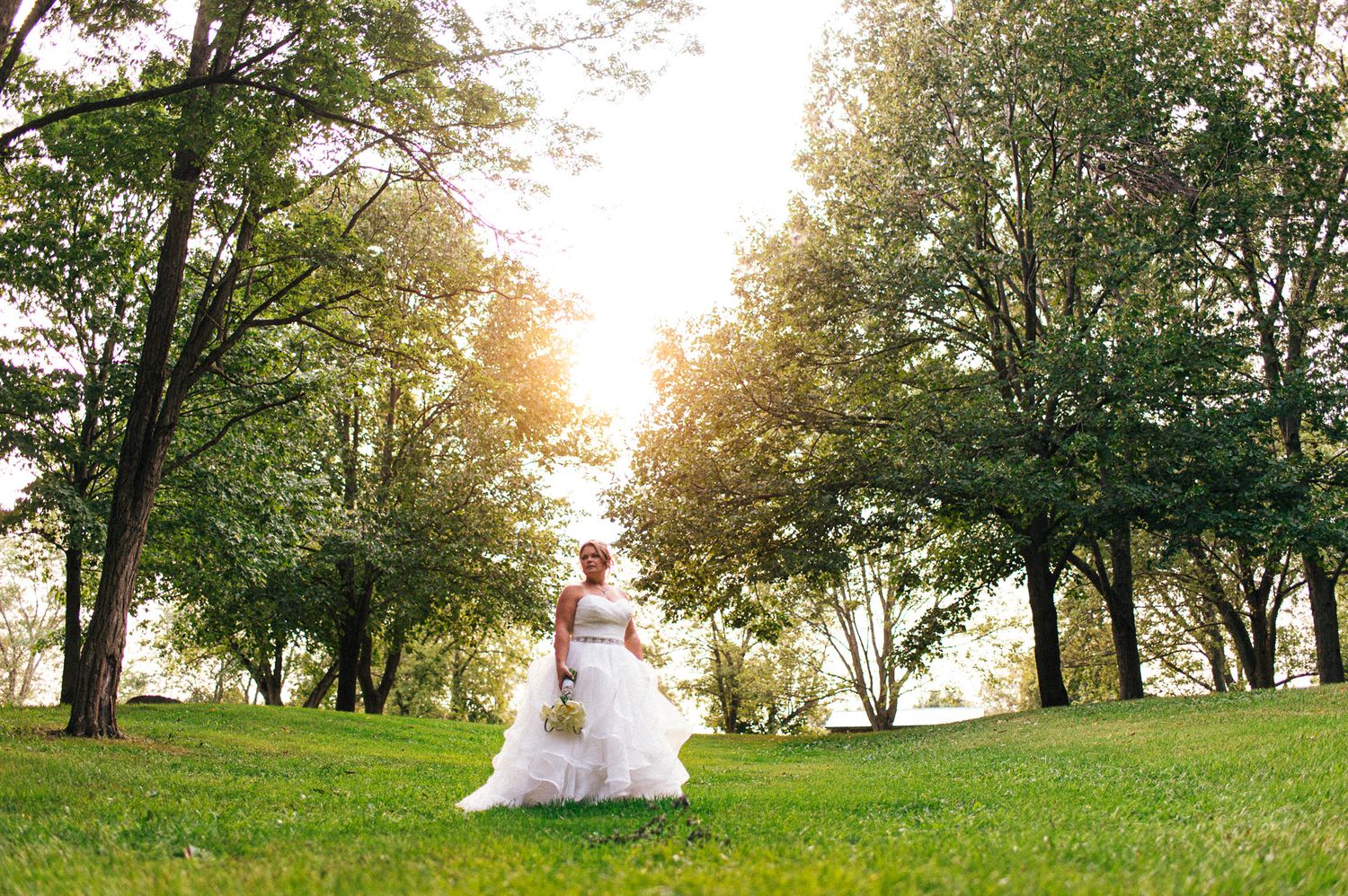 Wedding party walking through a scenic tree-lined path during golden hour.