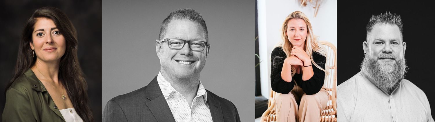 Professional headshot portraits in black and white of business team members.