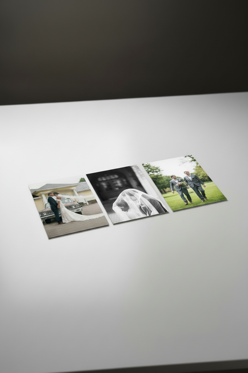 Wedding photos arranged in sequence on white surface with dramatic lighting.