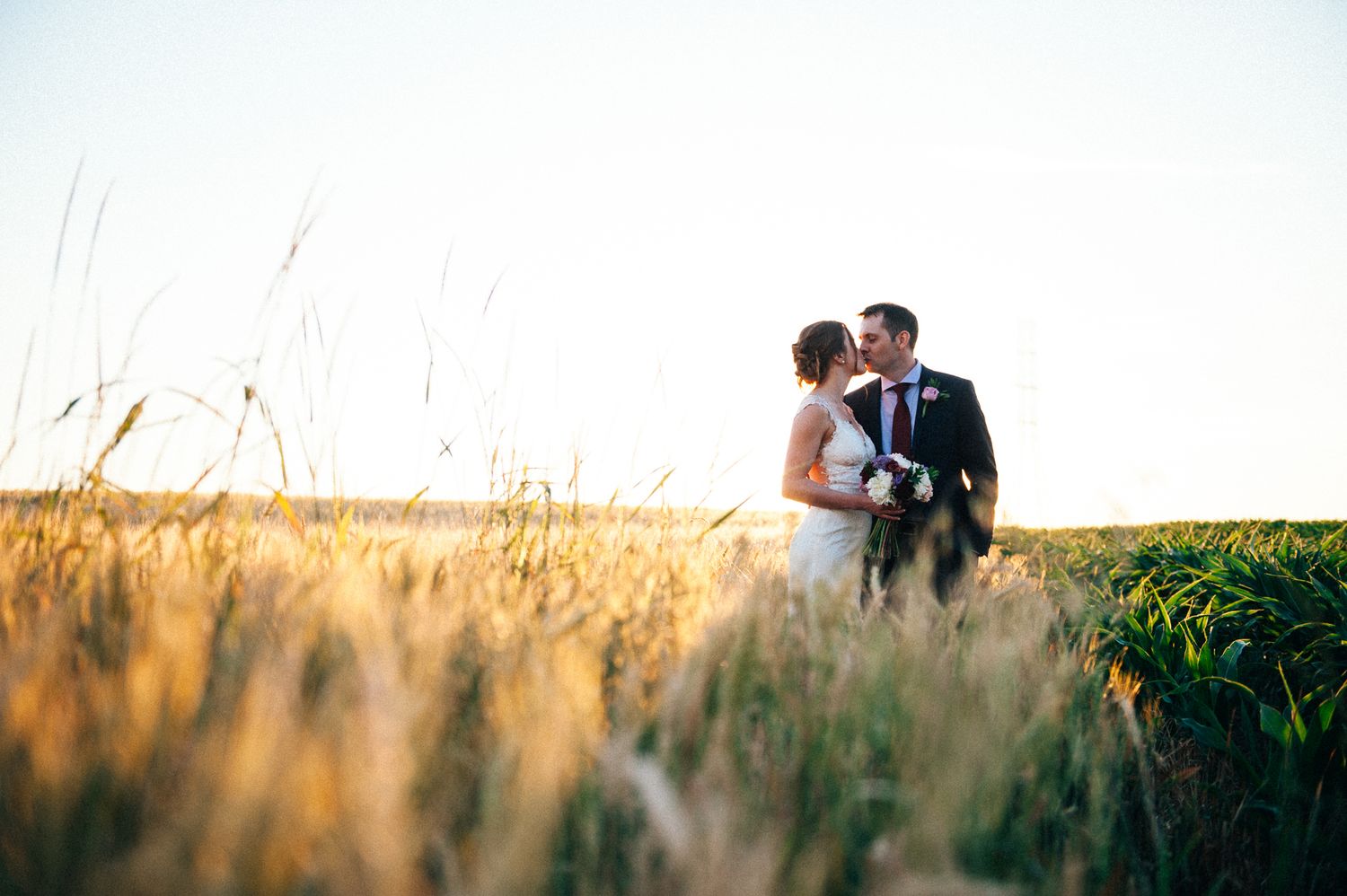 A romantic silhouette of a couple in a golden wheat field at sunset.