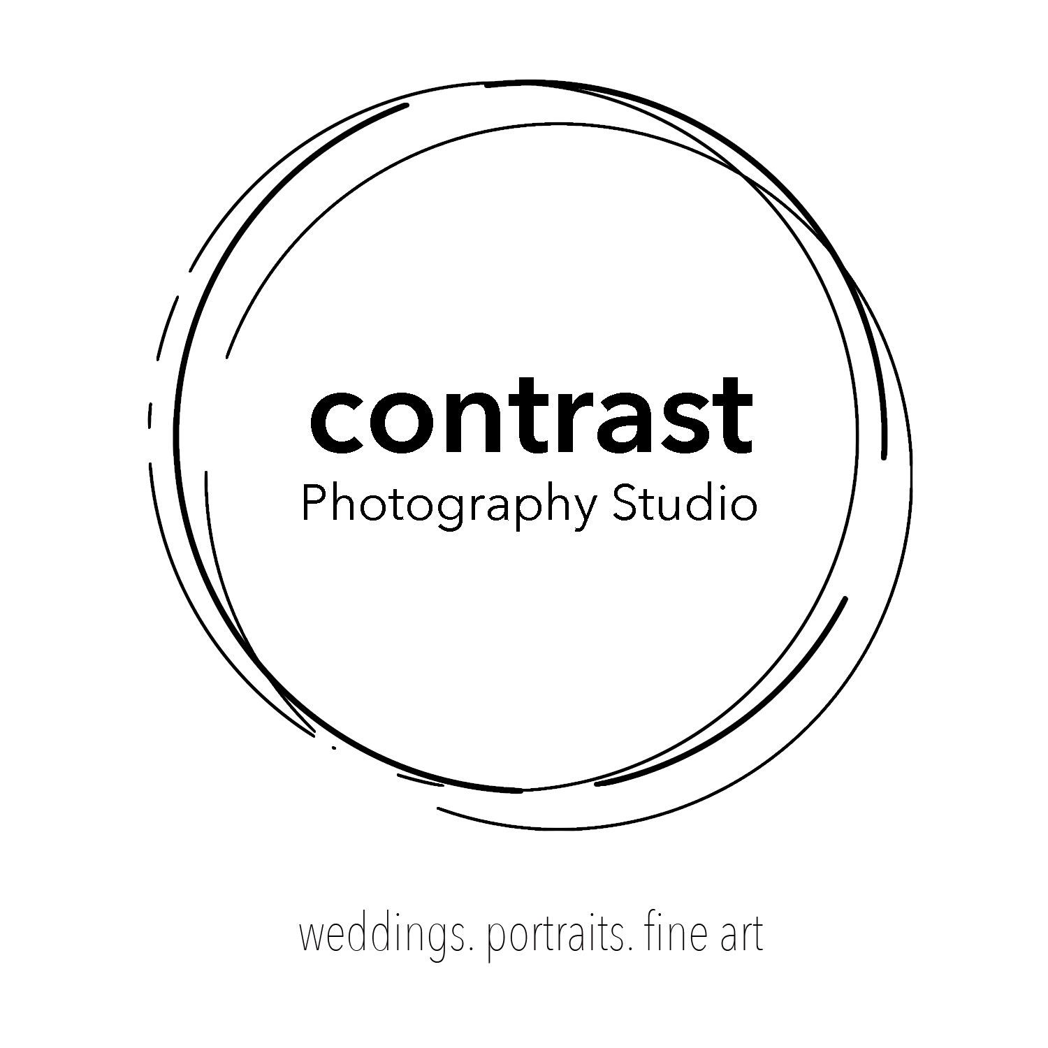 Simple black and white photography studio logo design with circular elements and text for weddings and portraits.