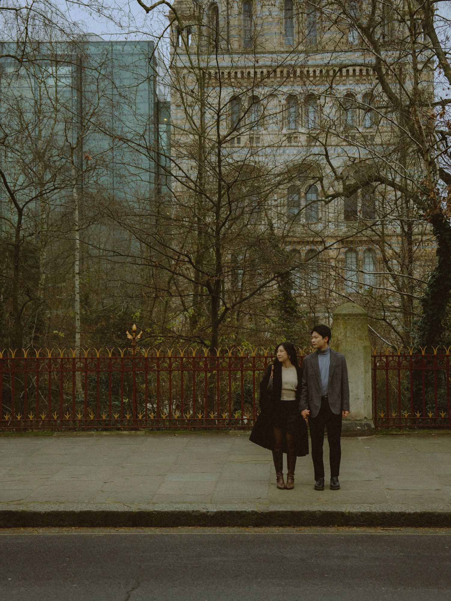 Woo wore a black mini-skirt with tights and boots paired with Ben's blazer, jumper and black chino's.