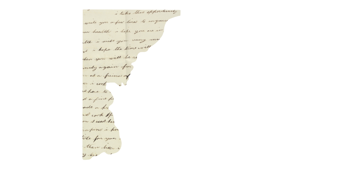Vintage torn letter fragment with handwritten cursive script on aged parchment paper.