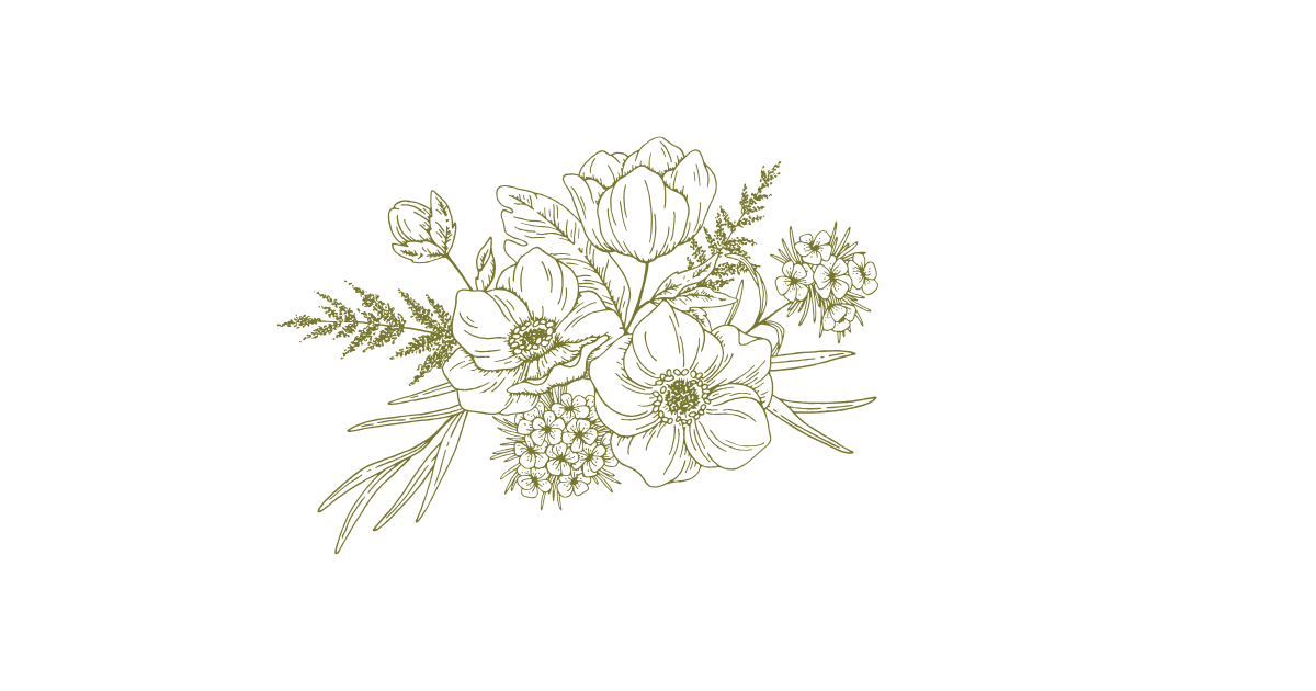 Elegant green line art illustration of a delicate floral bouquet with poppies and wildflowers.