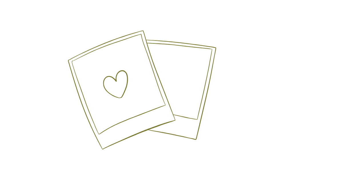 Two overlapping Polaroid photos illustration with a heart outline drawing in olive green on white background.