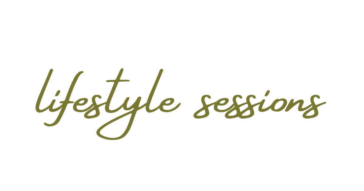 Elegant olive green cursive text reading lifestyle sessions on a white background.