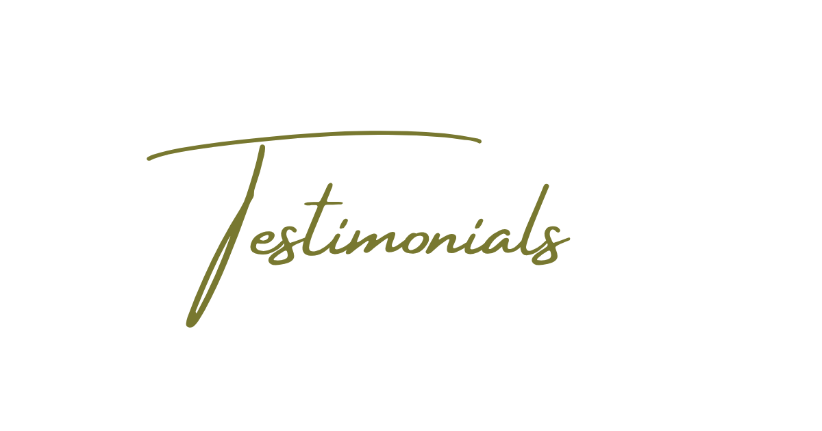 Elegant cursive gold text reading Testimonials on a clean white background.
