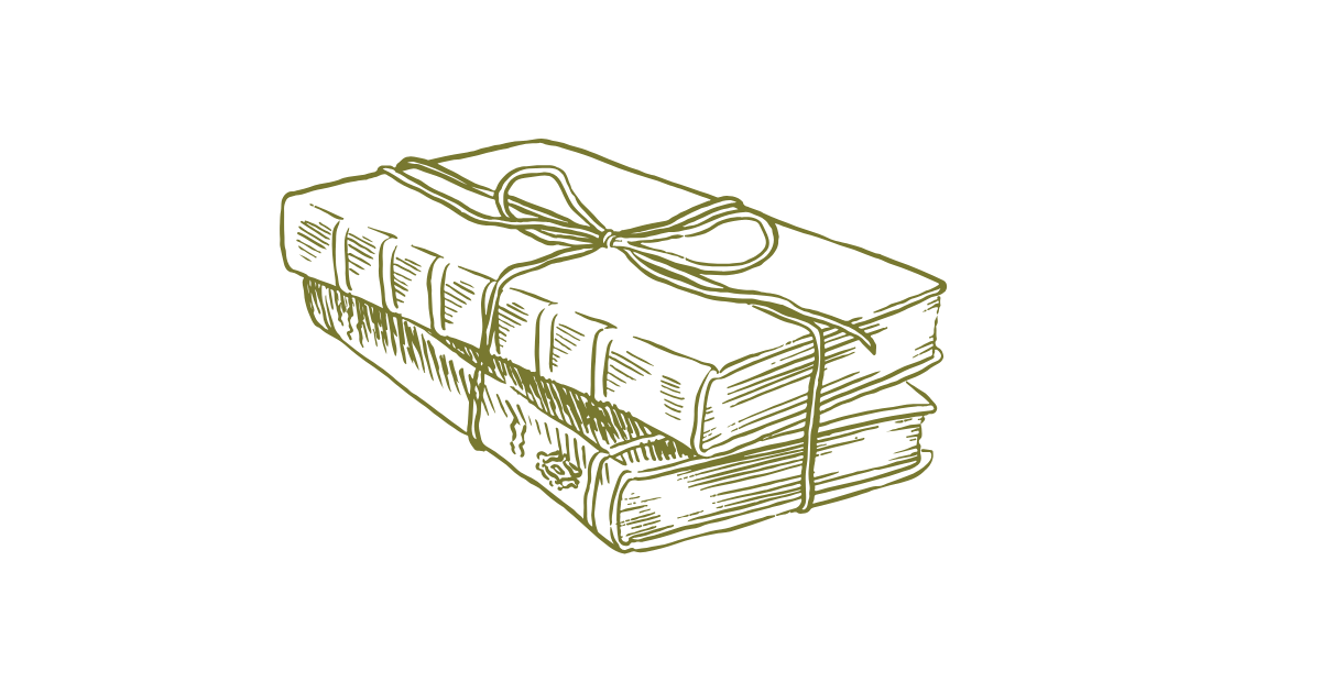 Vintage sketch illustration of stacked books tied with twine string in olive green ink on white background.