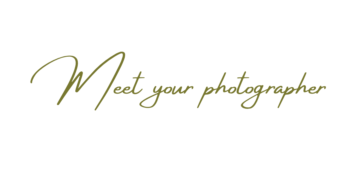 Meet your photographer elegant olive green cursive script text on white background.