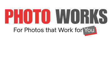 Red and gray logo design for Photo Works photography business with tagline 'For Photos that Work for YOU'.