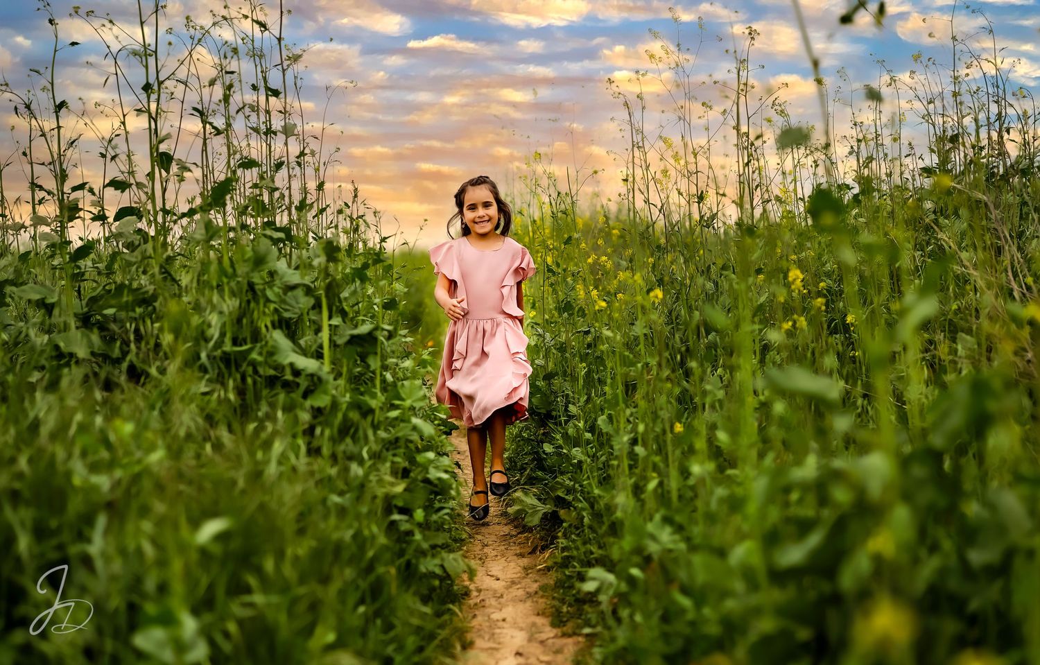 Pink dress contrasts beautifully against sunset sky in flowering meadow.
