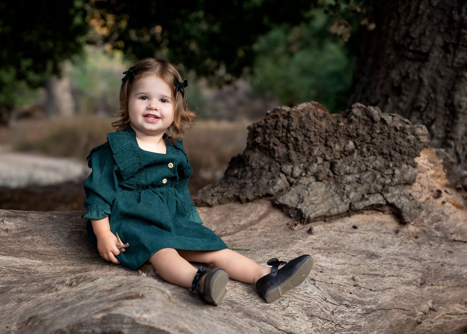 A small child sits on a tree trunk wearing a dark green dress.