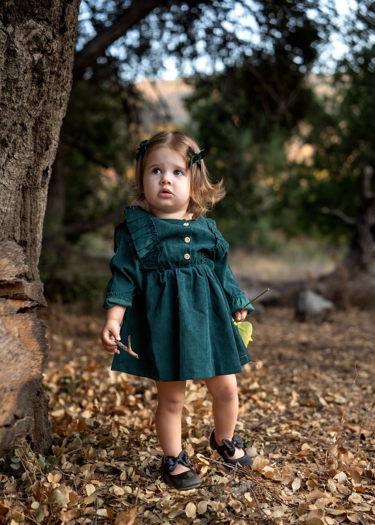 A toddler in an emerald green dress plays in fallen autumn leaves.