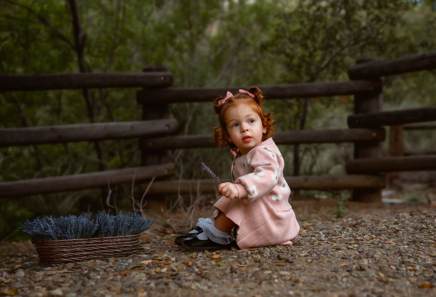A small figure in pink sits by a rustic wooden fence with a basket nearby.