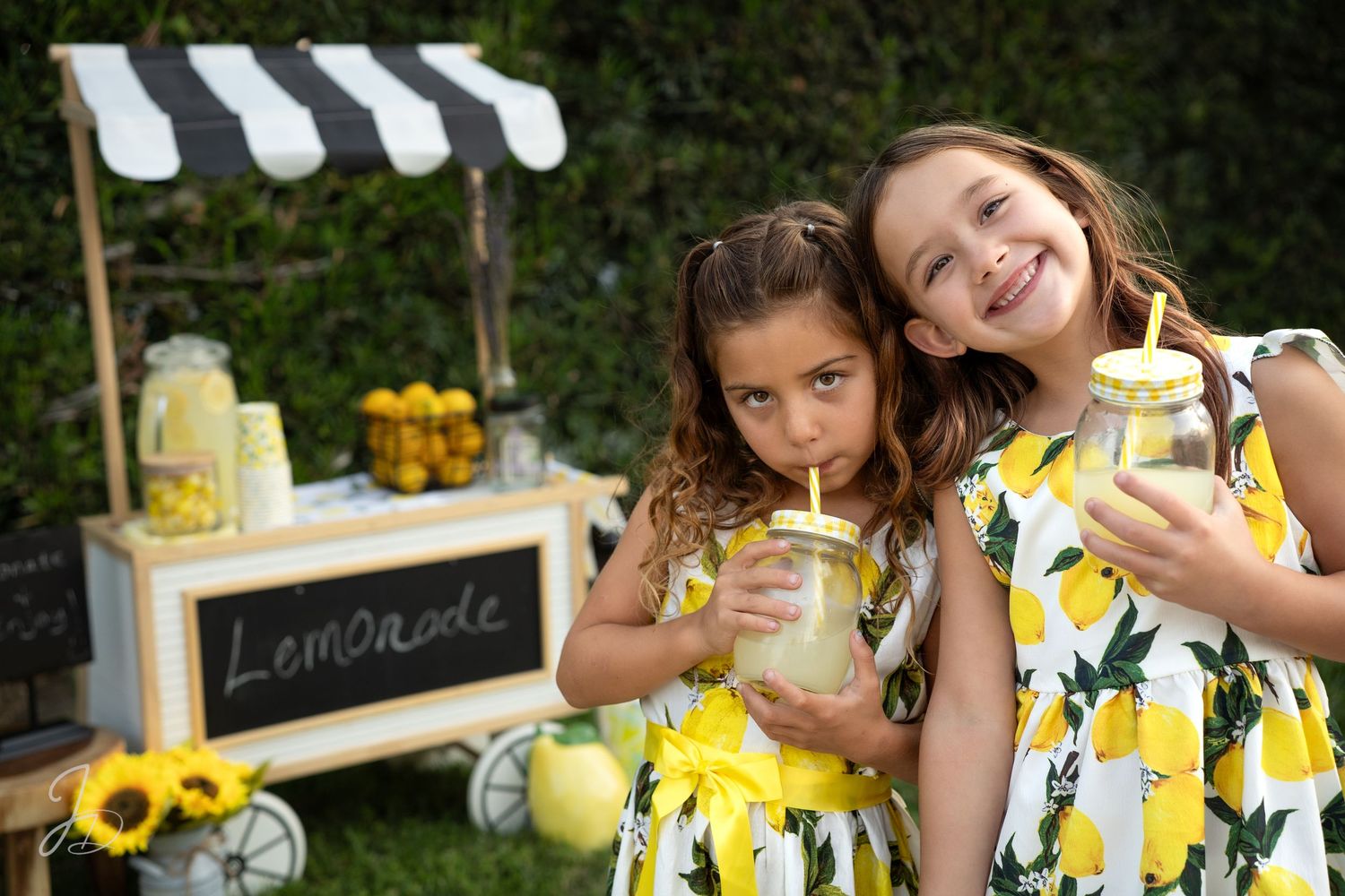 Two young figures in yellow floral dresses enjoy lemonade at a charming outdoor stand.