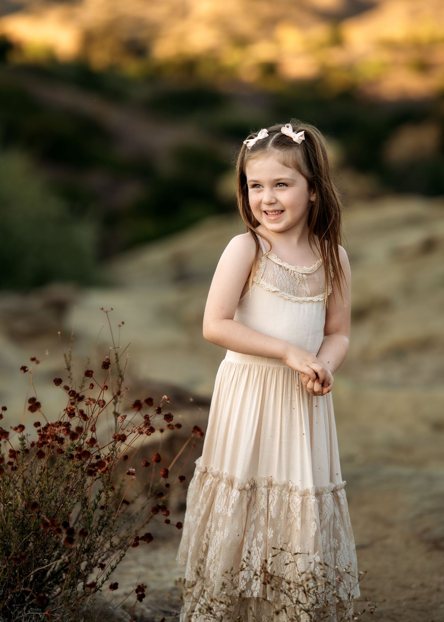 A cream lace dress is photographed in a desert setting with dried flowers at sunset.