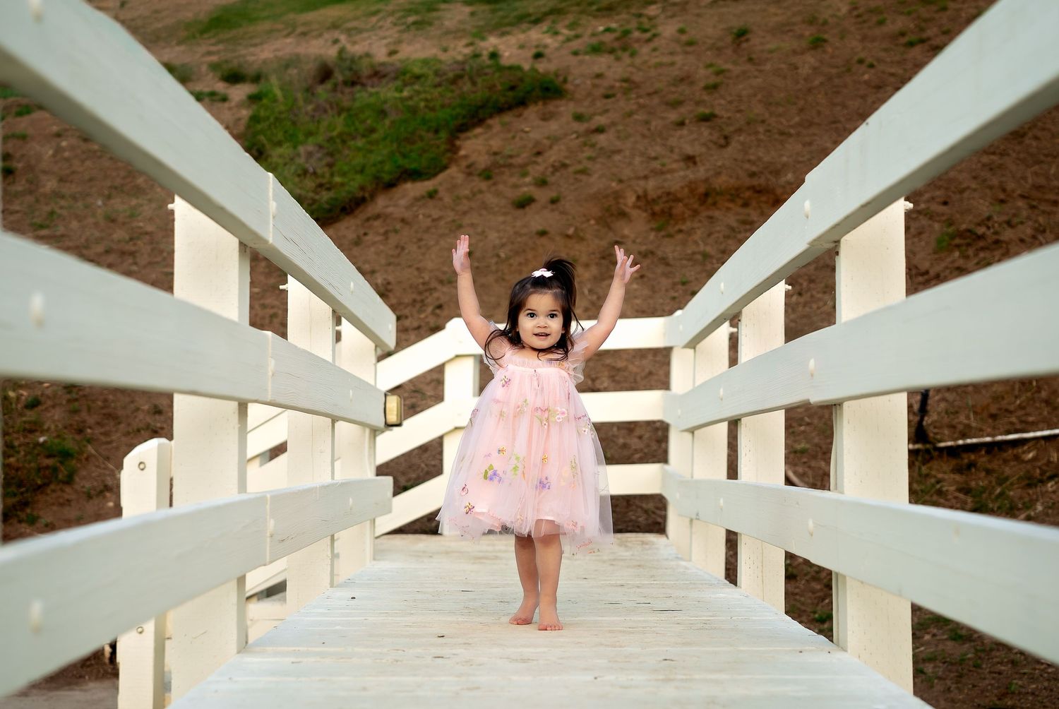 A toddler in a pink tutu dress walks along a white wooden bridge railing in a scenic outdoor setting.