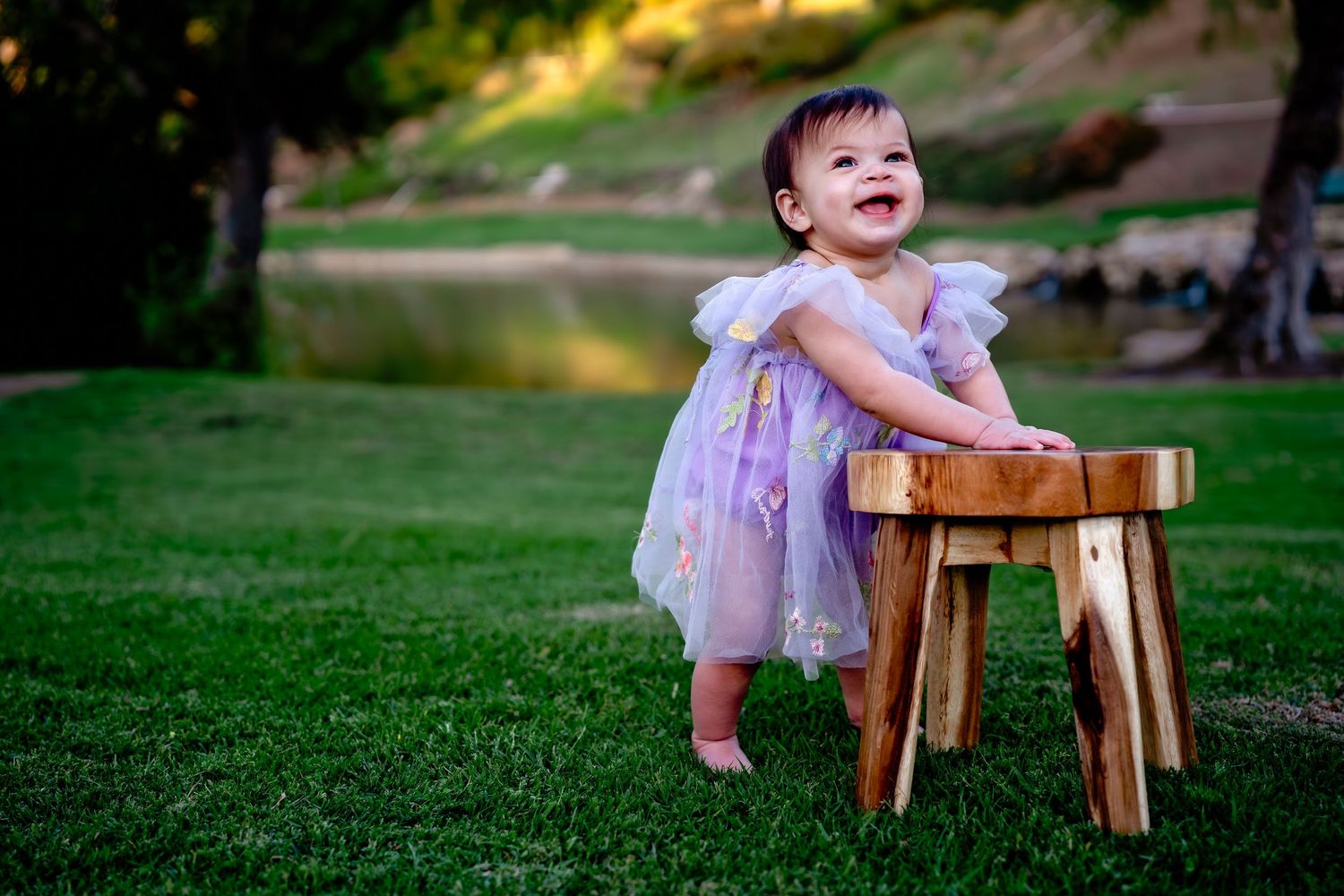 A joyful toddler in a purple tulle dress sits on a wooden stool in a grassy outdoor setting during golden hour.