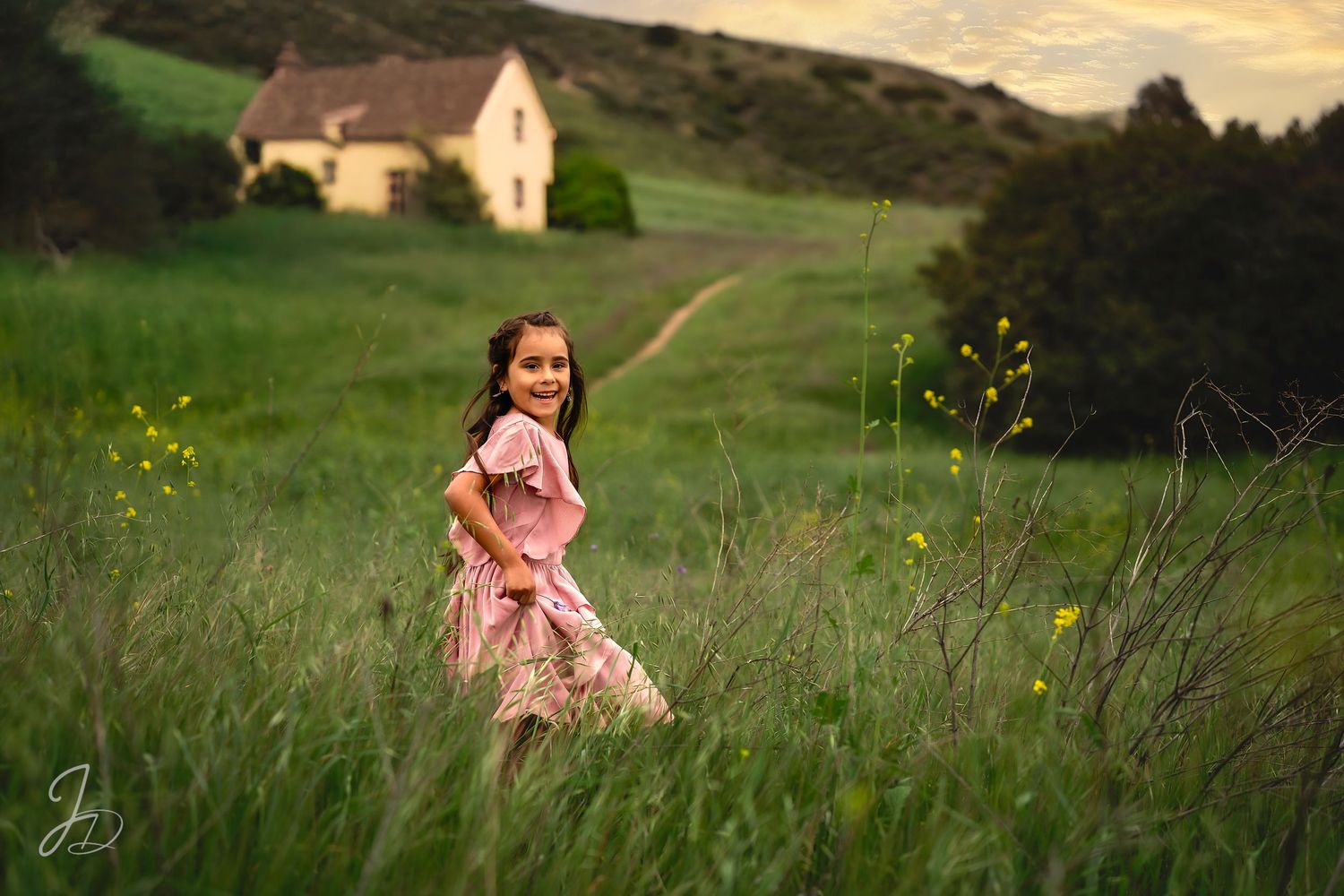 Figure in a pink dress twirling in a grassy field at sunset.