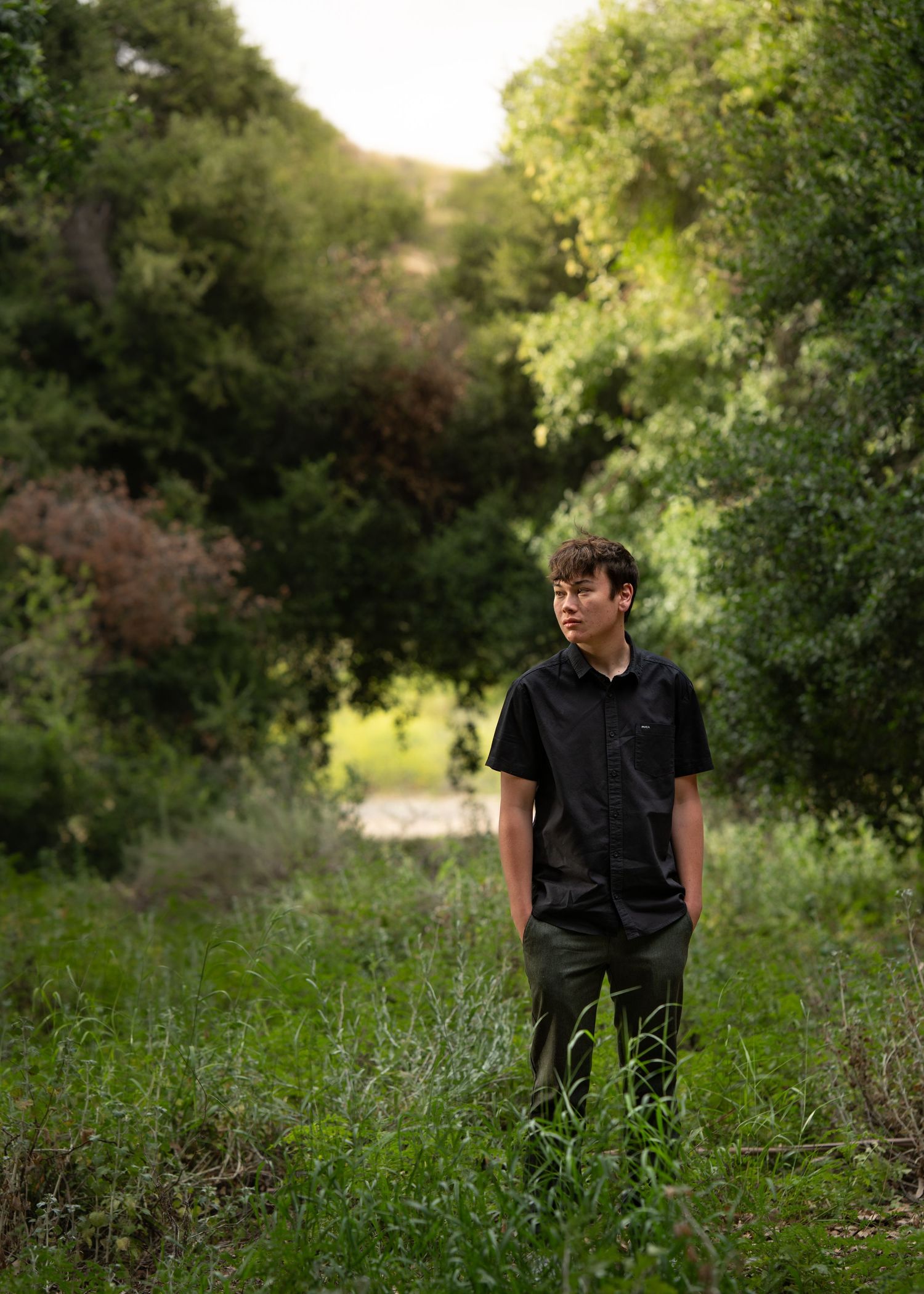 A young man in a black shirt stands thoughtfully in a lush green forest clearing during golden hour.
