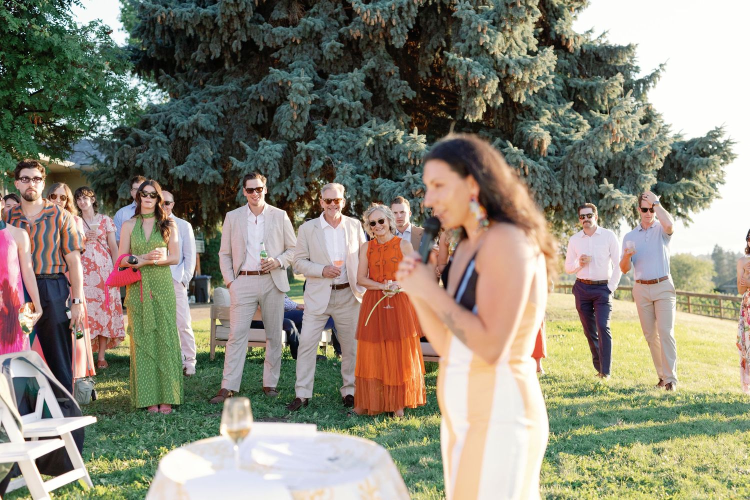 Wedding guests gather outdoors on grass watching a woman give a heartfelt speech at reception.