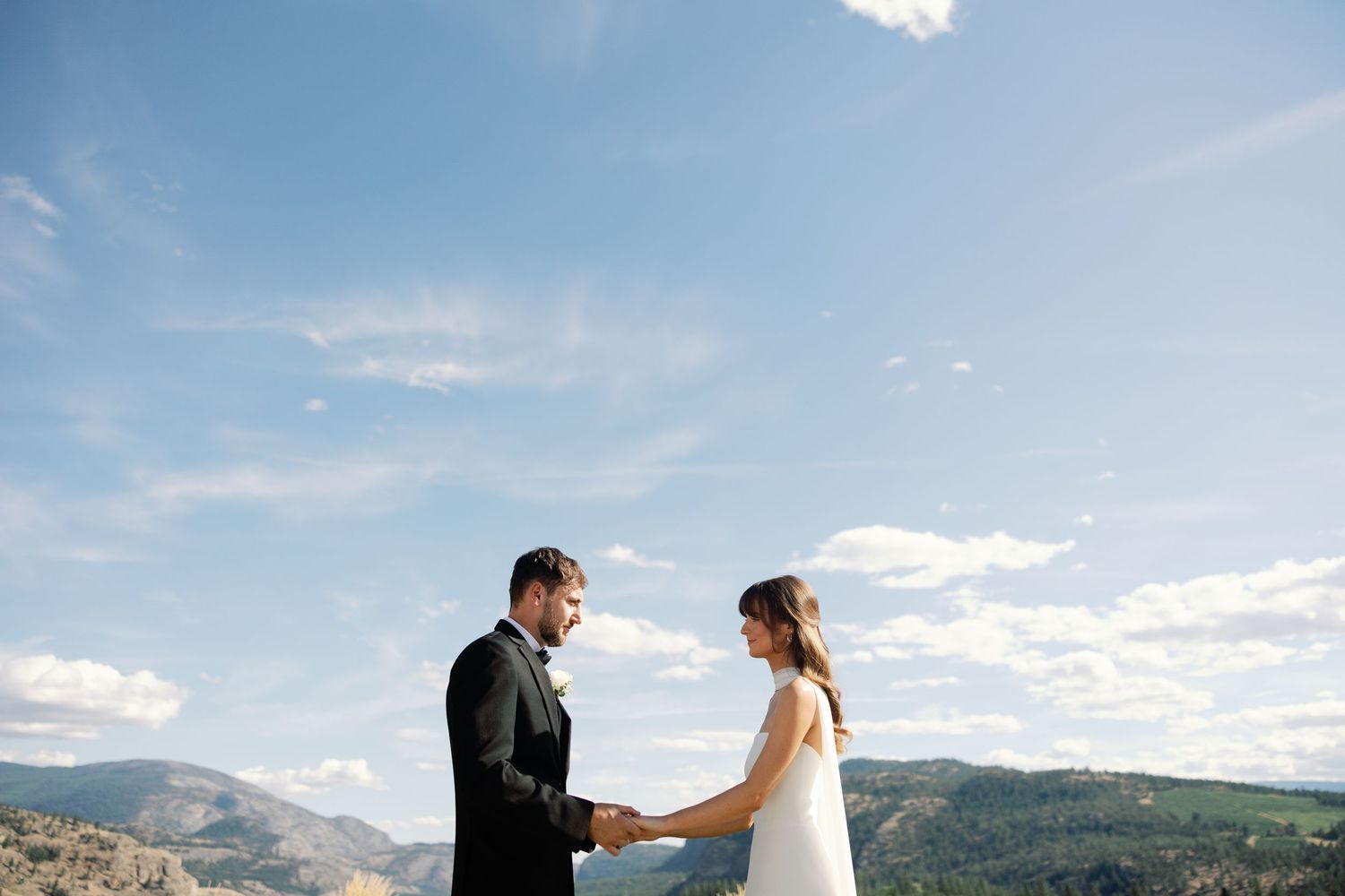 Bride and groom hold hands exchanging vows with dramatic mountain and blue sky backdrop at outdoor wedding.