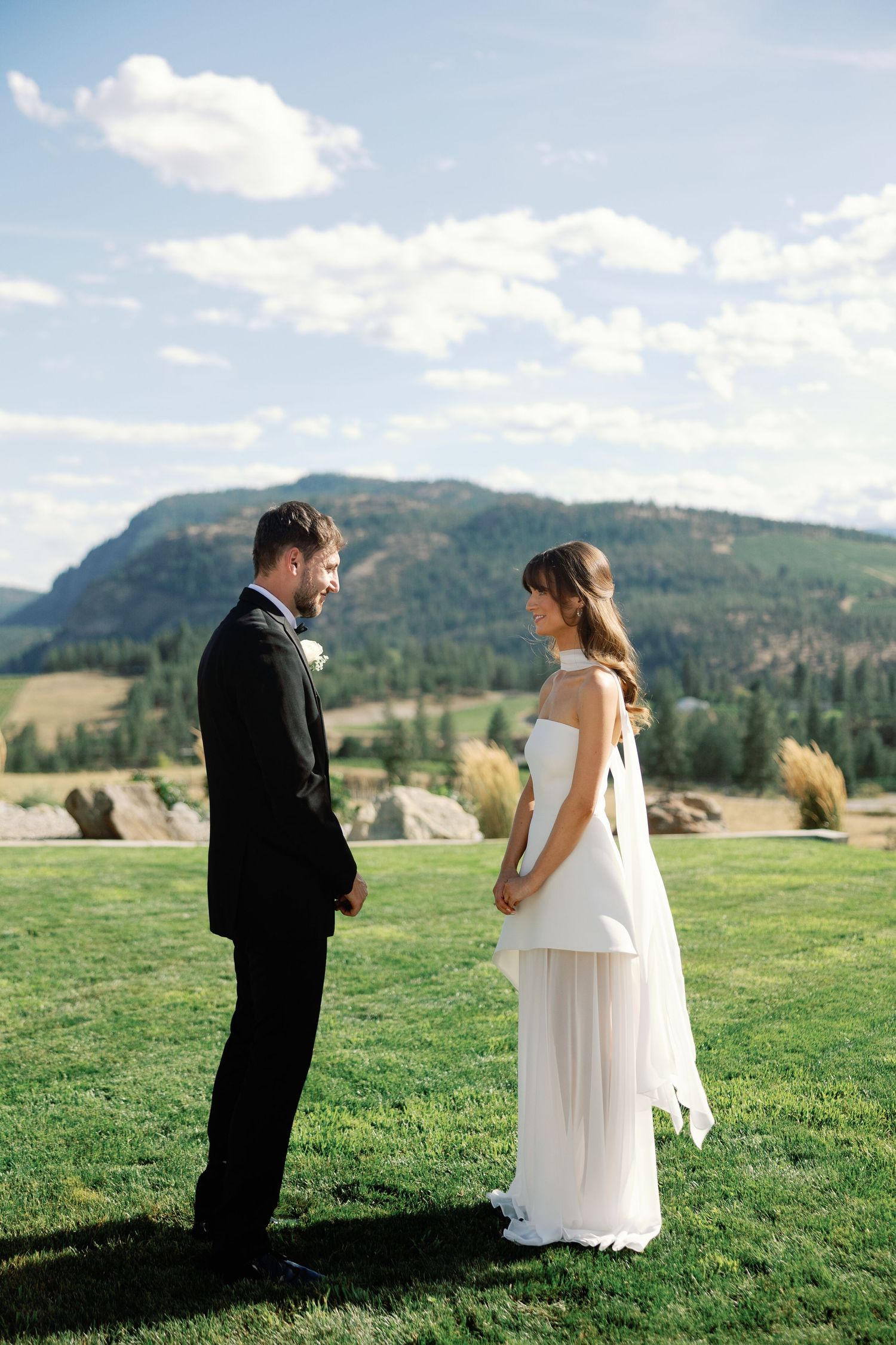 Bride and groom stand facing each other on green lawn with mountain scenery.