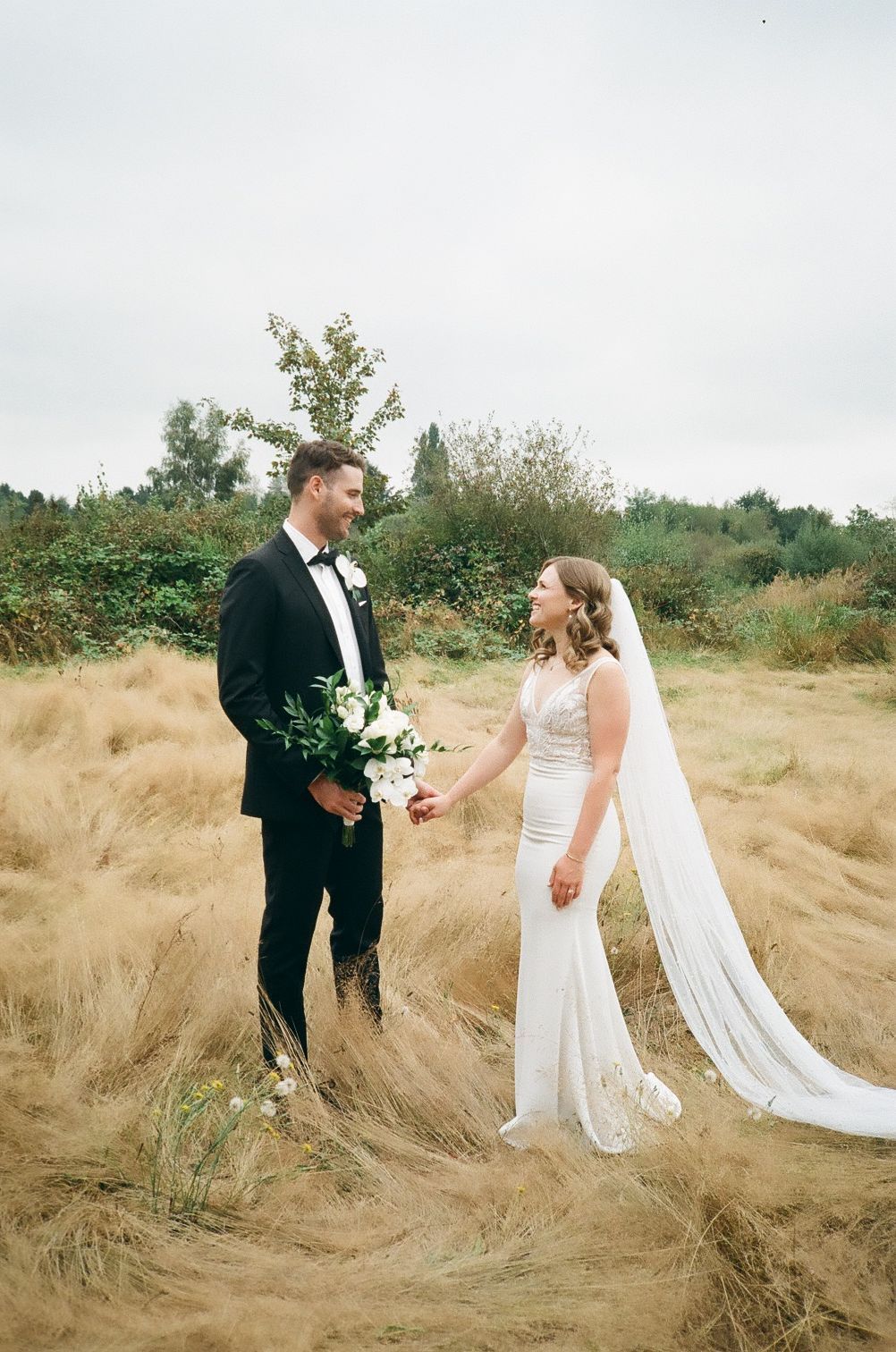 Bride and groom holding hands in golden grass field, bride in fitted lace gown with long veil.