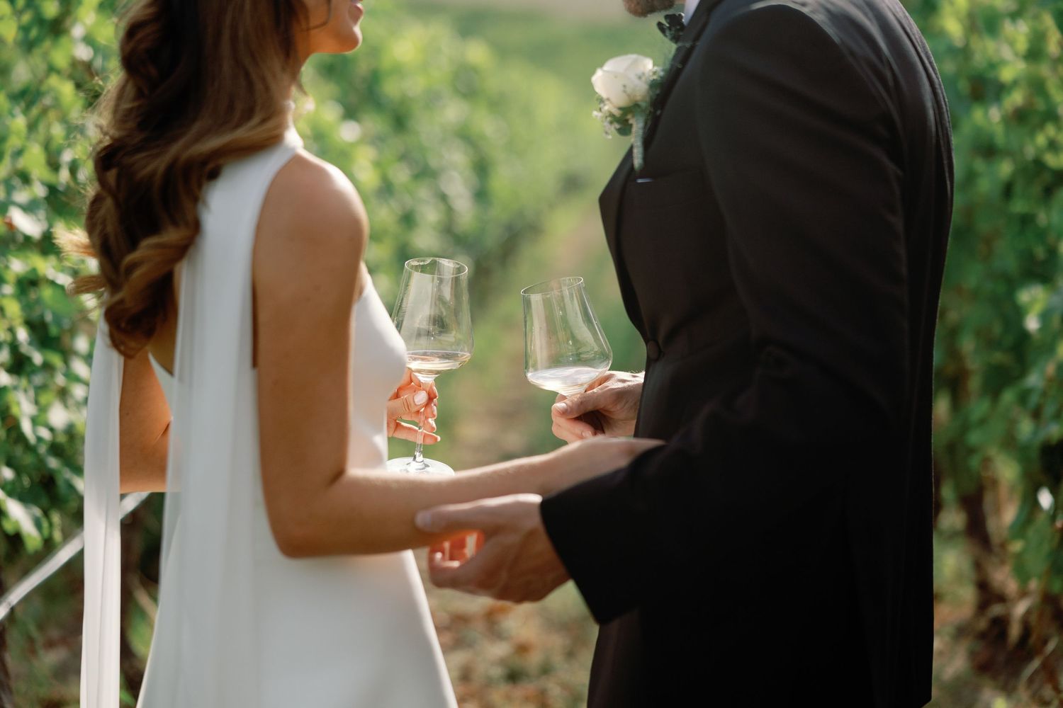 Bride and groom toasting with white wine glasses amid lush green vineyard rows on their wedding day.