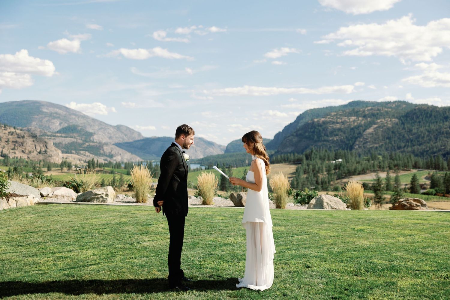 Bride and groom exchange vows on green lawn with mountain landscape behind.