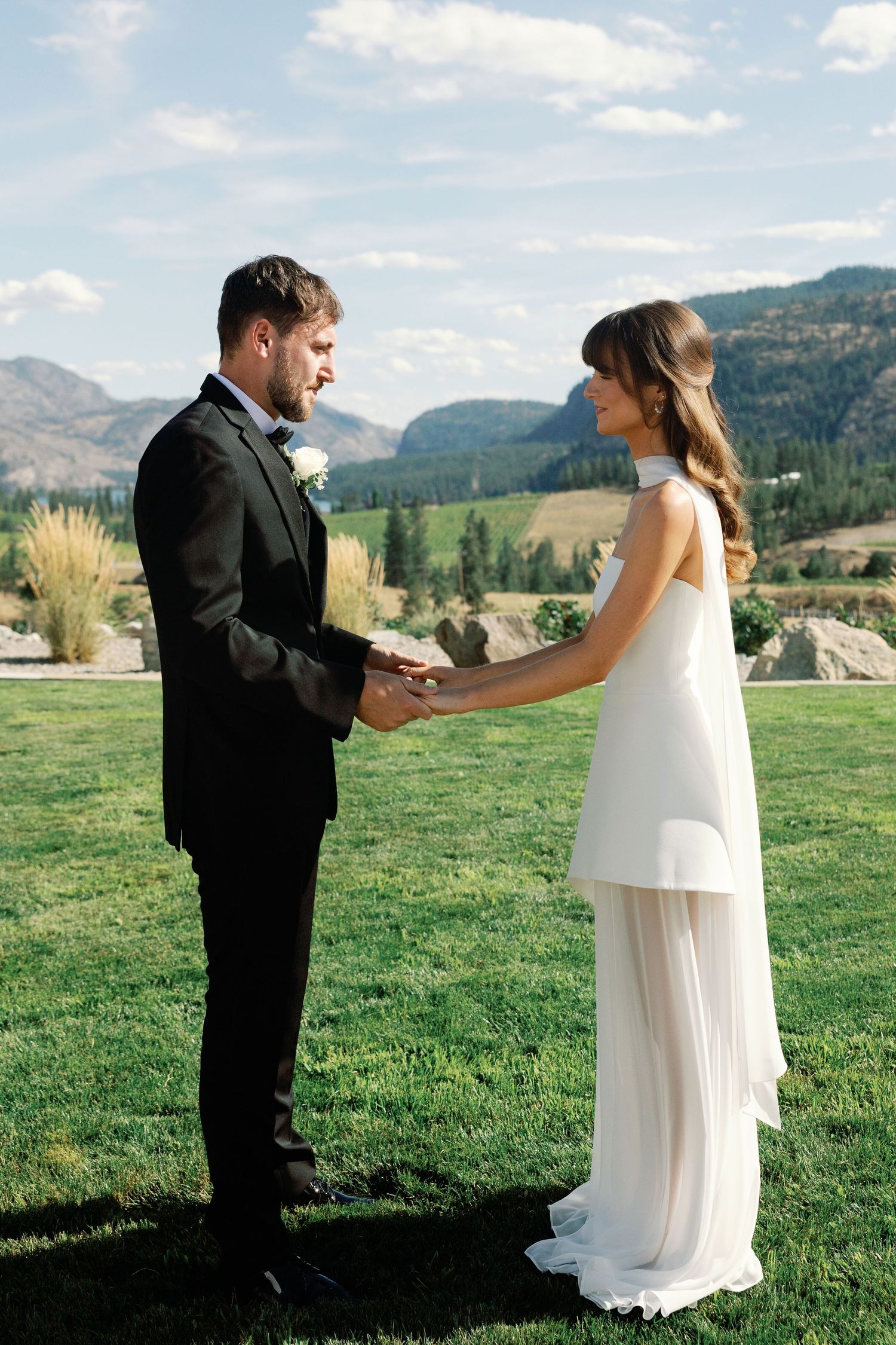 Bride and groom hold hands exchanging vows on a green lawn with stunning mountain valley views behind them.