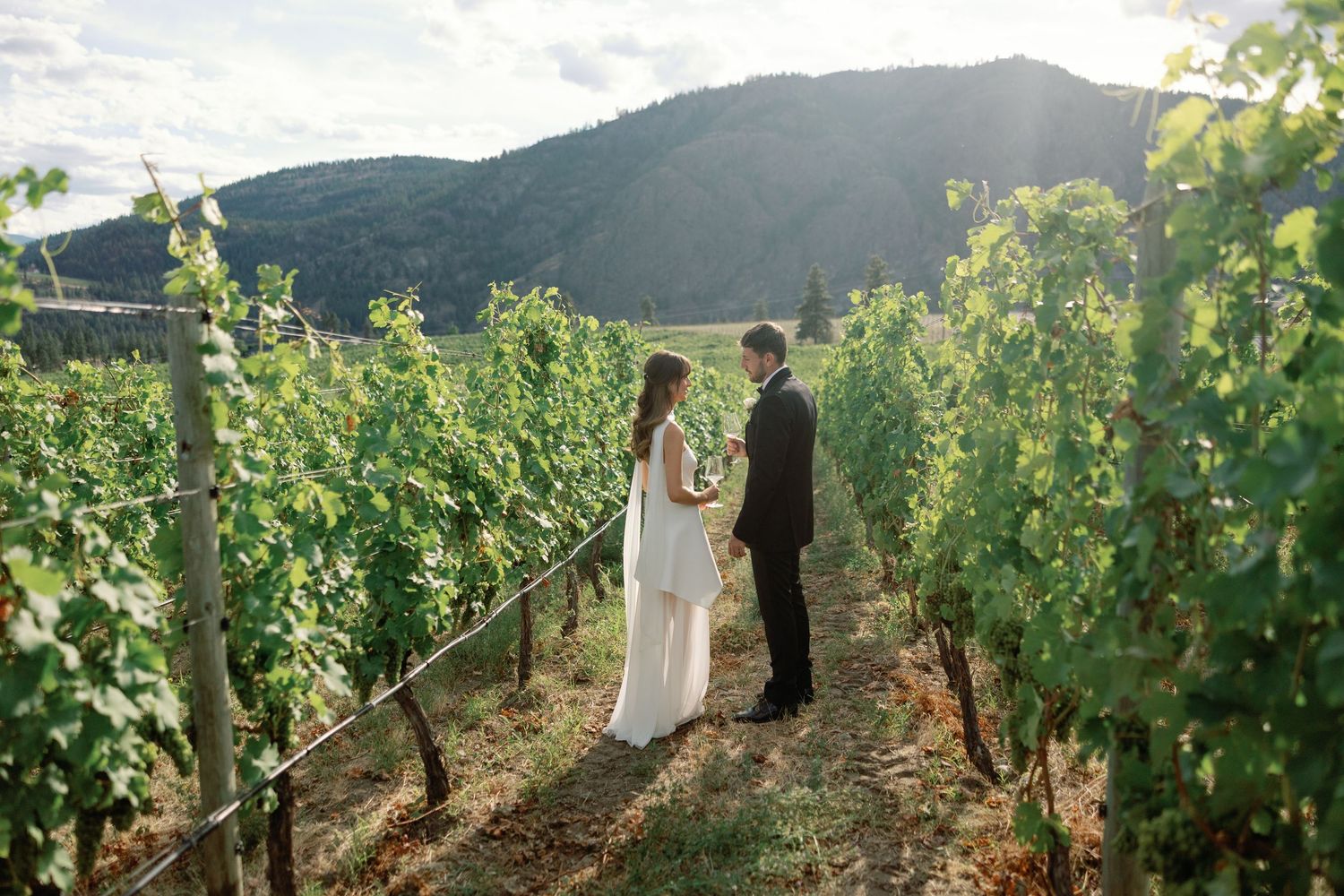 Bride and groom face each other in a sun-drenched vineyard with rolling mountain hills in the background.