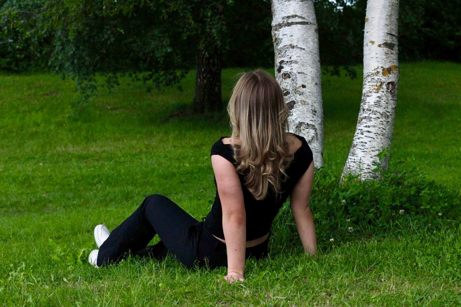 People relaxing on grass near white birch trees in a summer park setting.