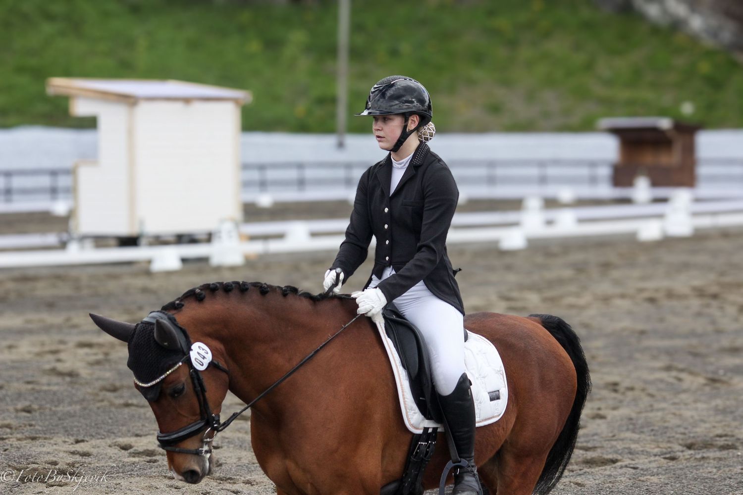 Equestrian rider in black jacket and helmet performing dressage on a bay horse in an outdoor arena.