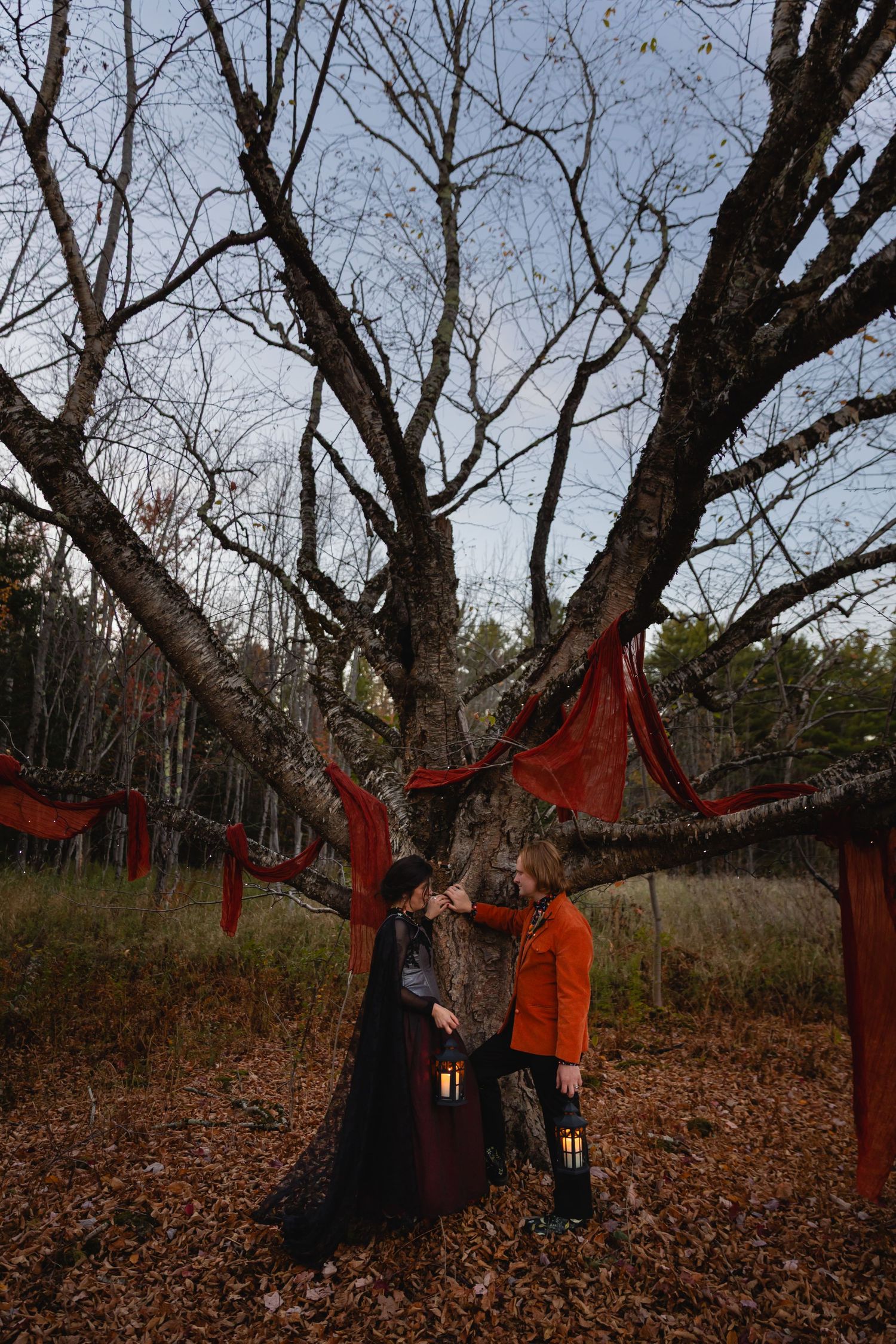 A series of four photos showing red ribbons tied to bare tree branches in an autumn forest setting.