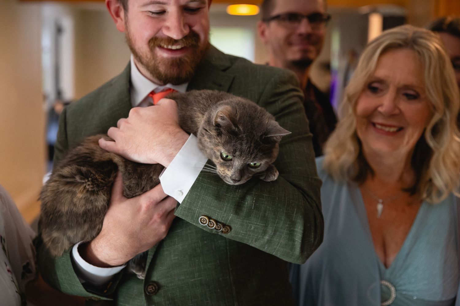A grey cat sits on someone's shoulder at an indoor gathering of people.