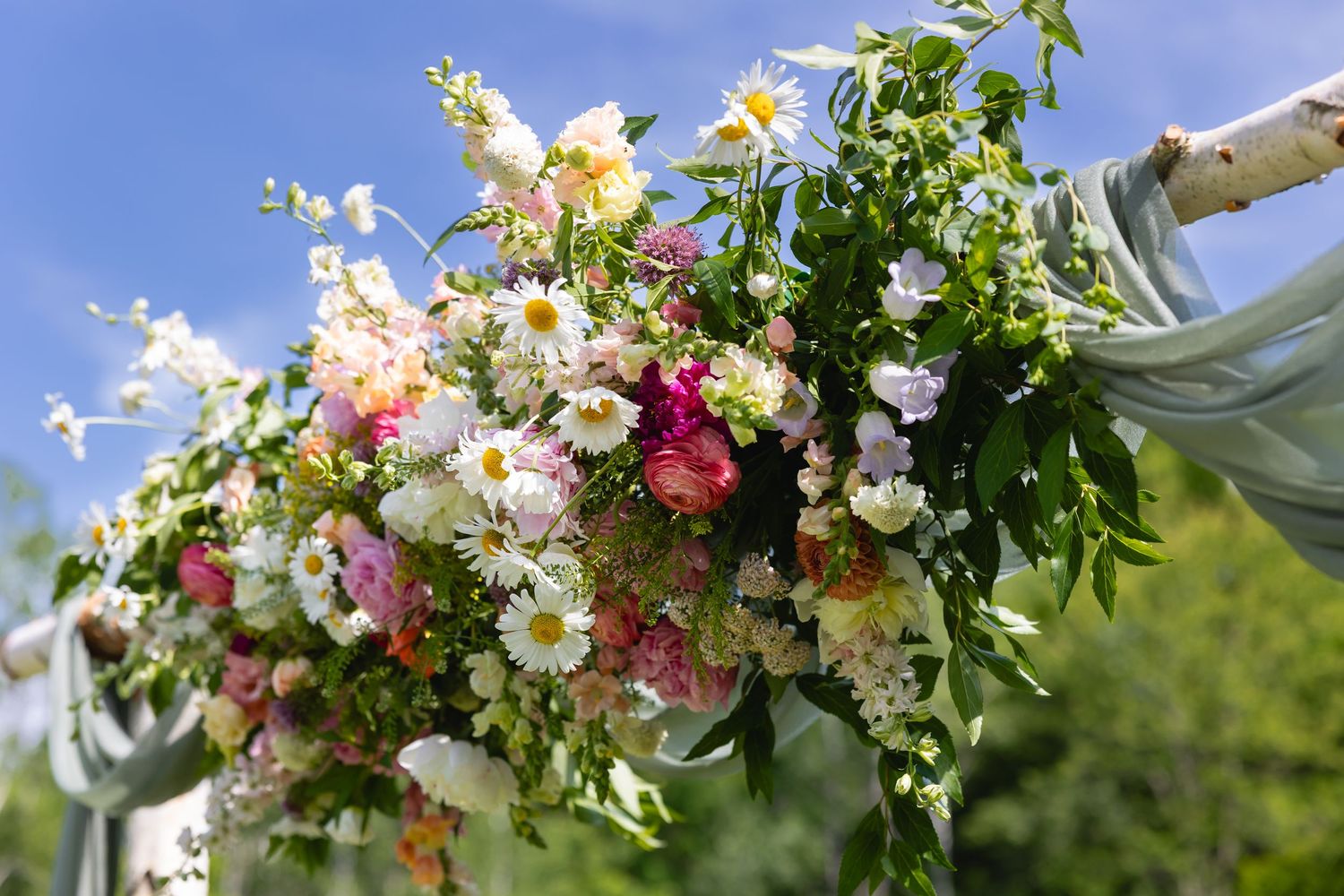 Pink and white delicate flowers cascade down from a rustic wooden arbor in a lush garden setting.