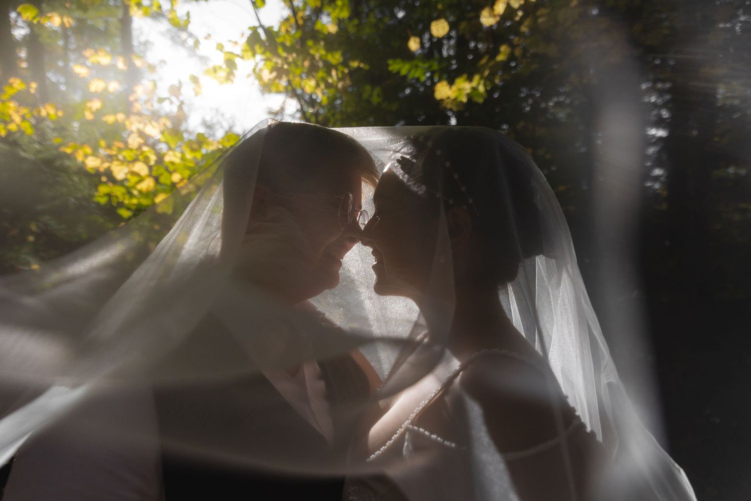 Romantic moment captured through wedding veil with sunlit forest backdrop.