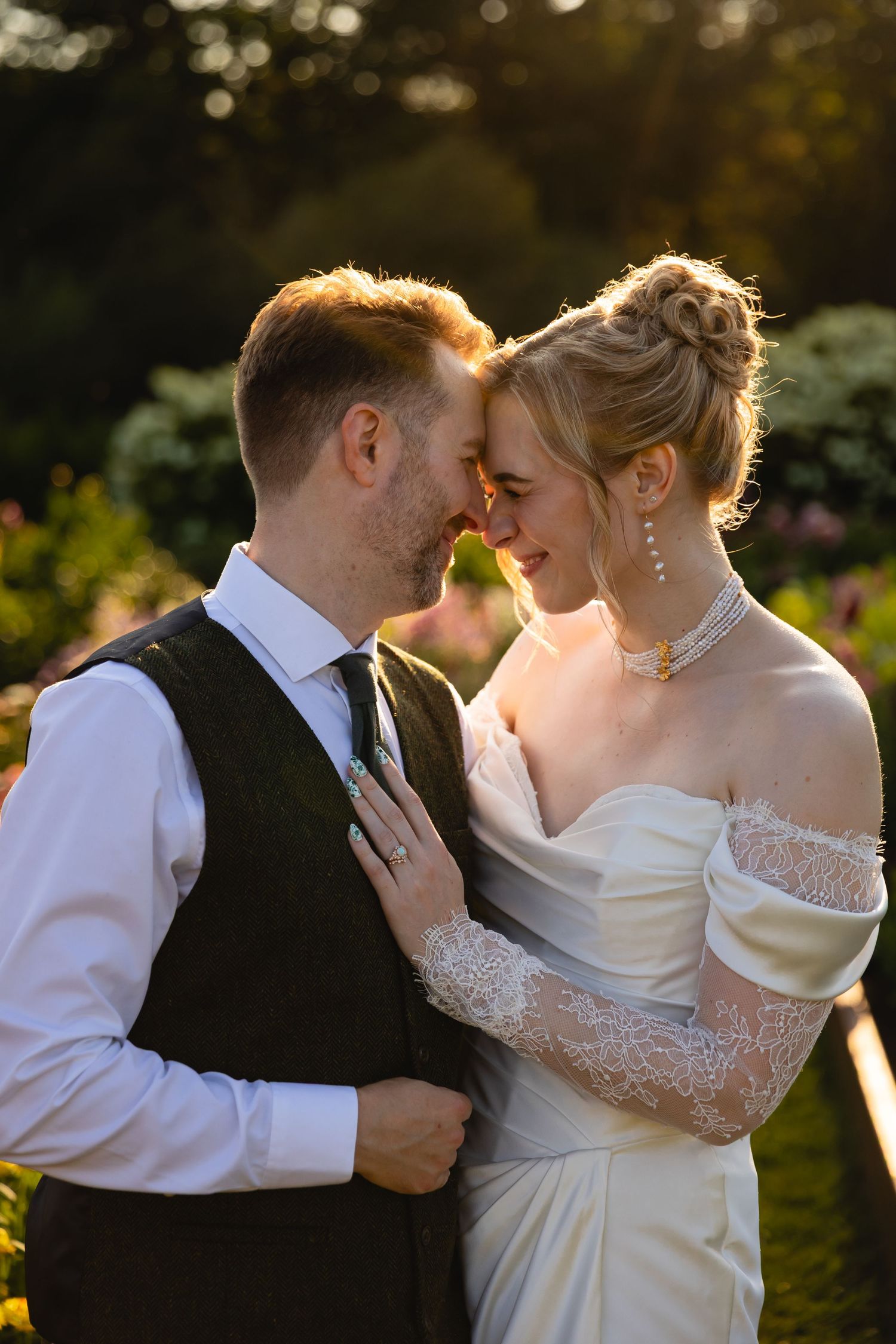 A romantic sequence of wedding photos showing tender moments between newlyweds in a garden setting at golden hour.