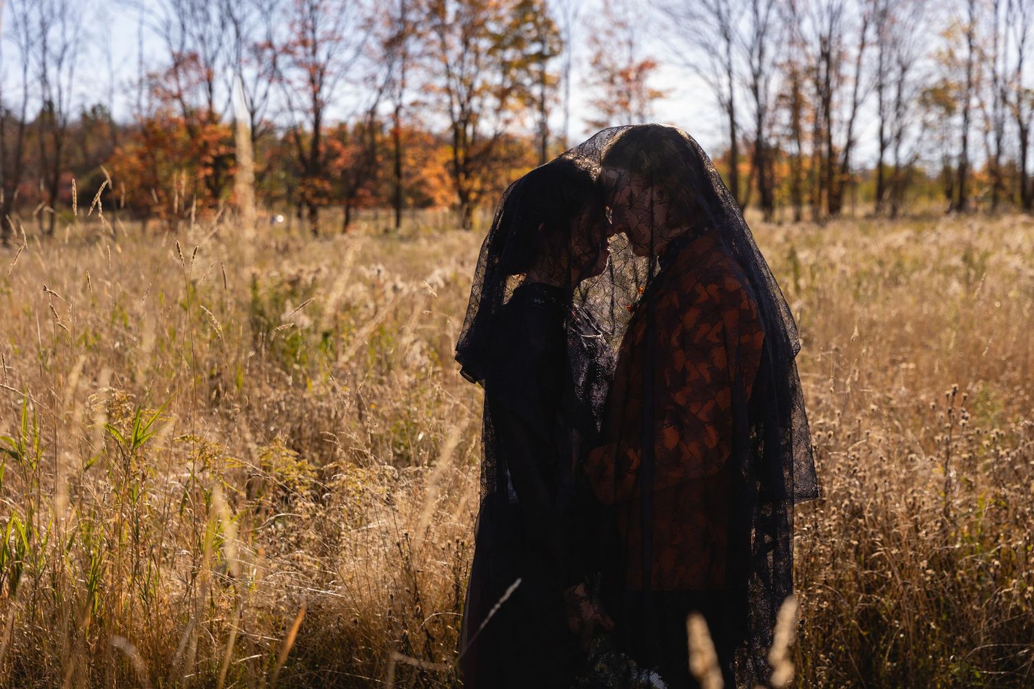 Two people in dark attire share a romantic moment in a golden autumn meadow under soft sunlight.
