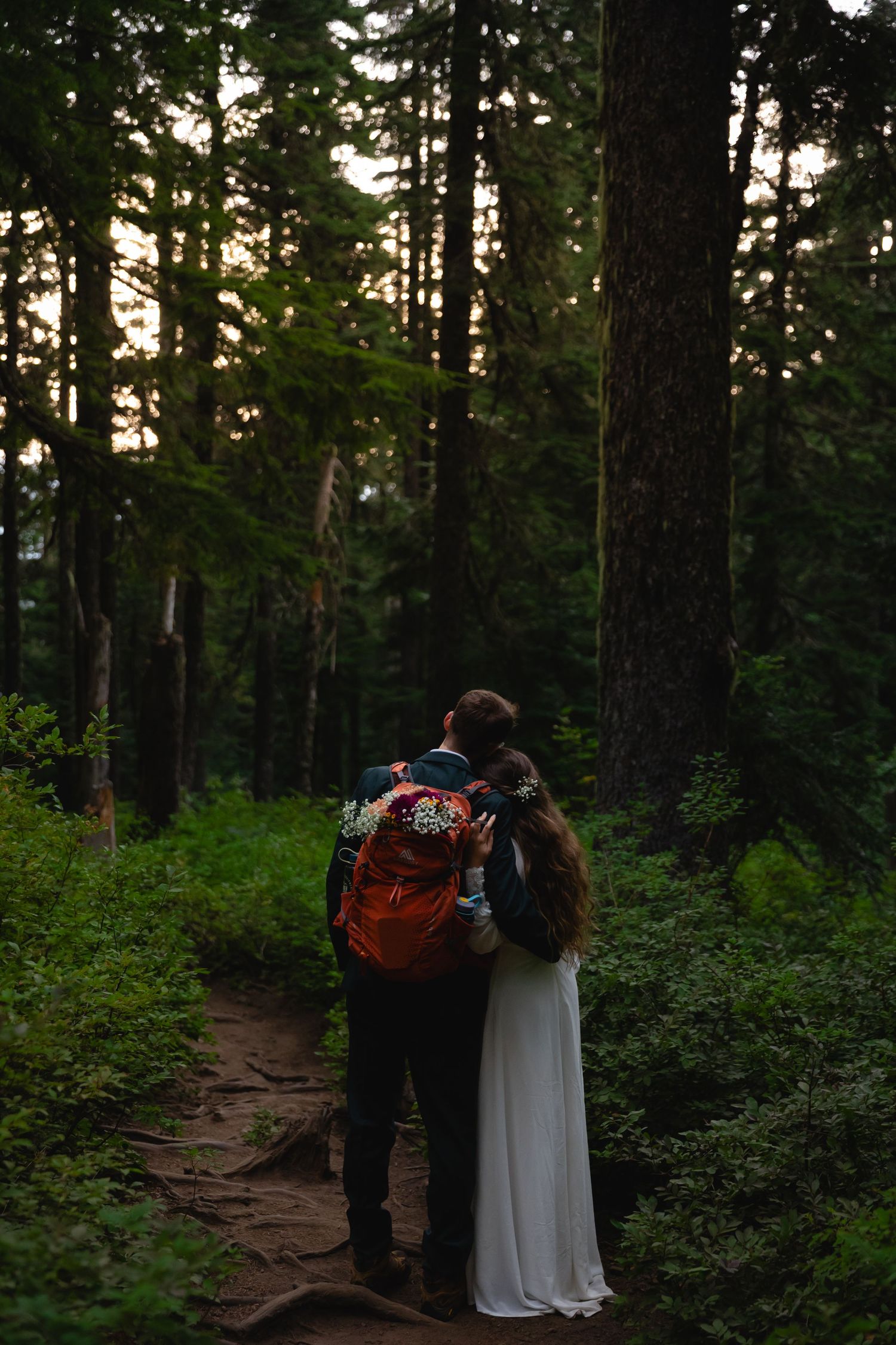 A couple in formal attire walks along a wooded forest trail during sunset, surrounded by tall evergreen trees.