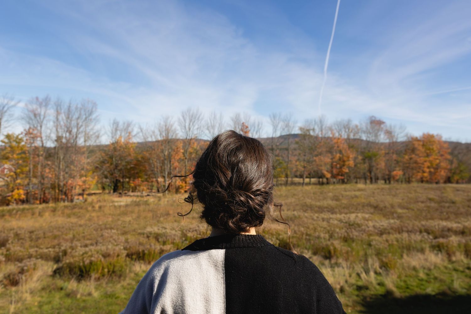 A panoramic view of autumn trees and fields under a bright blue sky with contrails stretching across the horizon.